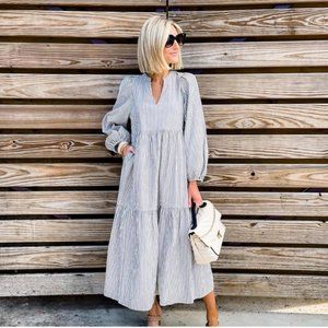 A New Day Striped Seersucker Peasant Midi Dress